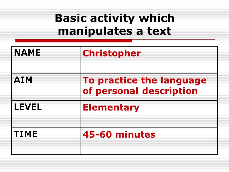 Basic activity which manipulates a text